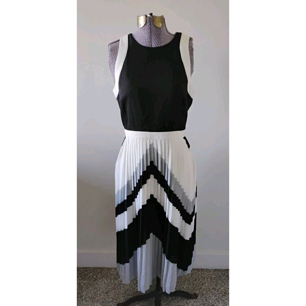 Banana Republic Chevron Dress Women's Black White Gray Sleeveless Pleated Sz 2